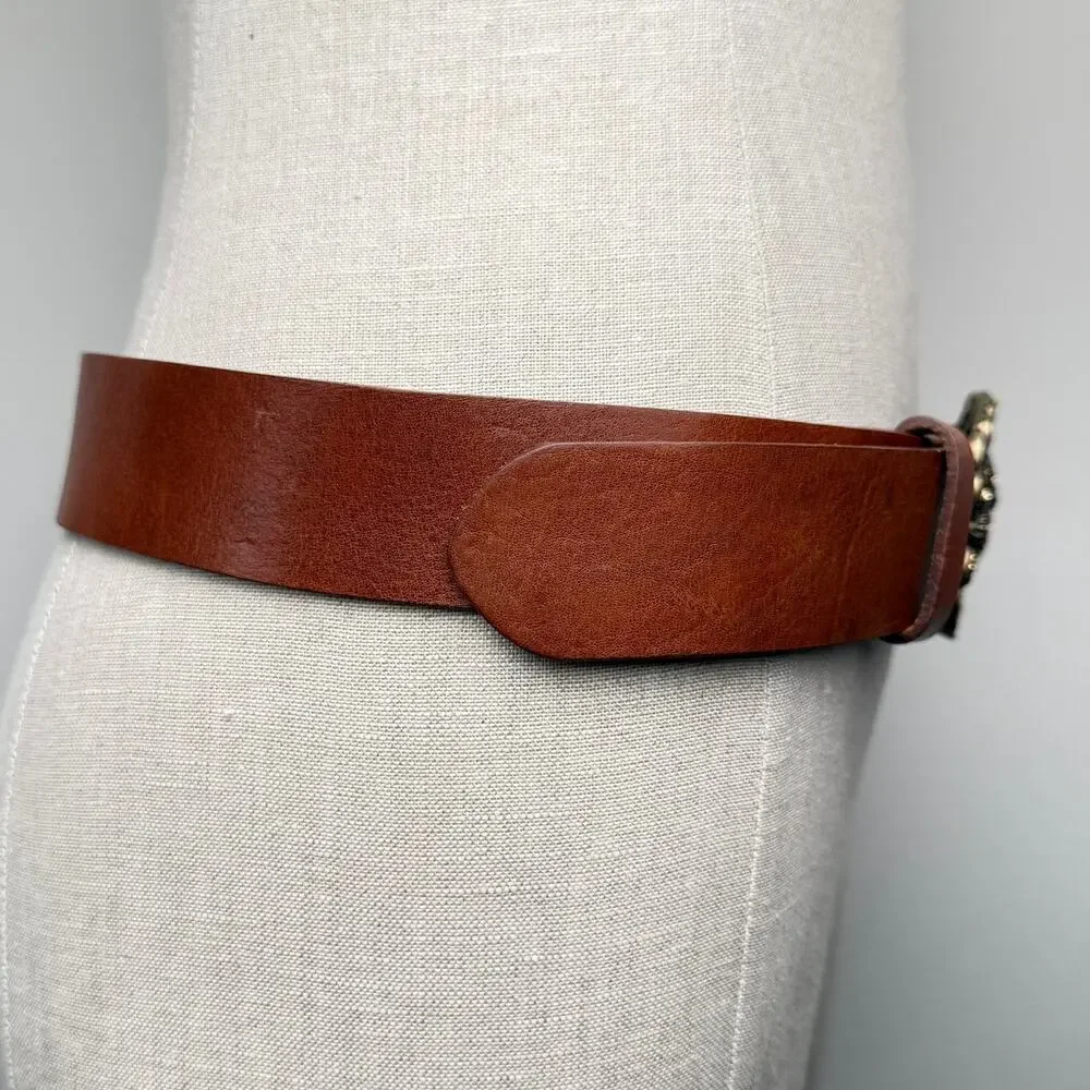 CAbi Floral Filigree Statement Buckle Leather Belt Brown Size M Boho Western